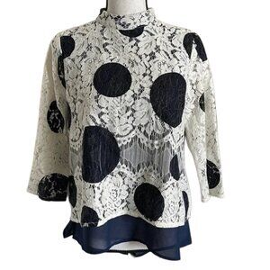 Anthropologie HD in Paris Lace Polka Dot Blouse Rochelle Ivory & Navy Size 2